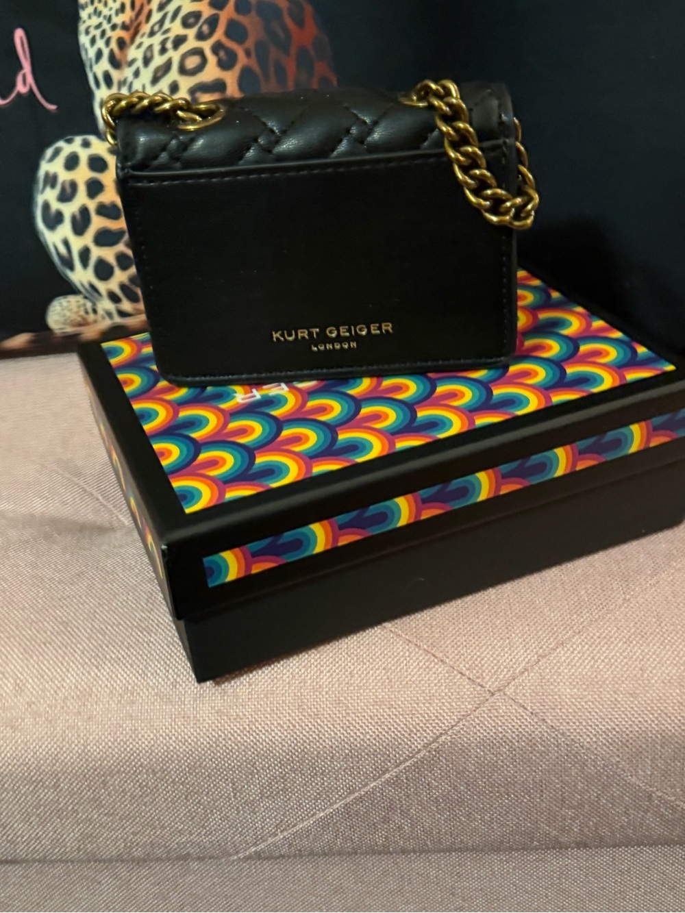 Kurt Geiger Black Quilted Mini Shoulder Bag with Gold Chain